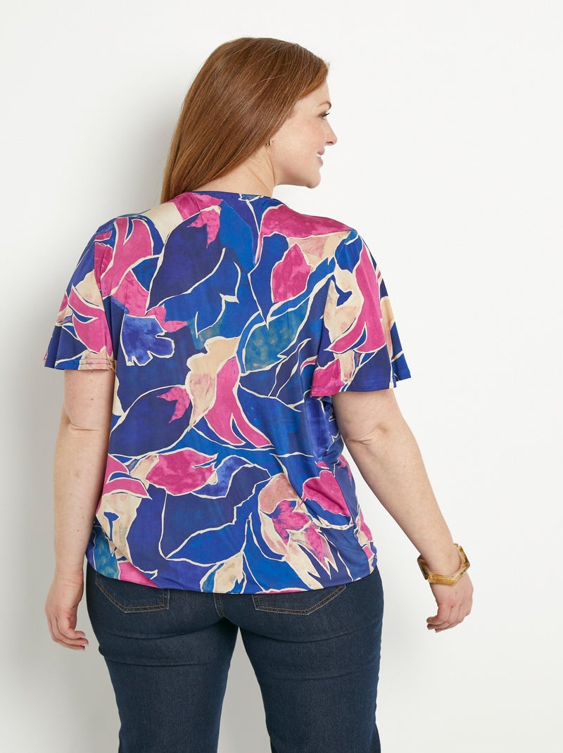 T-shirt cache-coeur long blousant motif floral Bleu Rose - Kiabi
