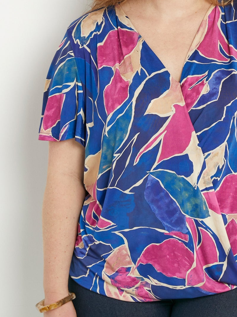 T-shirt cache-coeur long blousant motif floral Bleu Rose - Kiabi