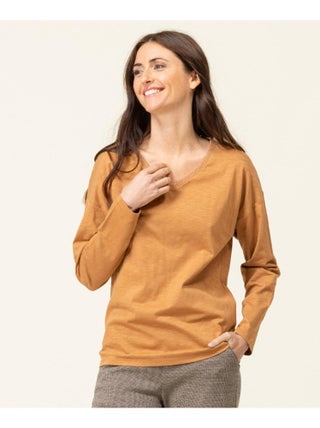 T-shirt camel Femme manches longues col V - Terre de Marins