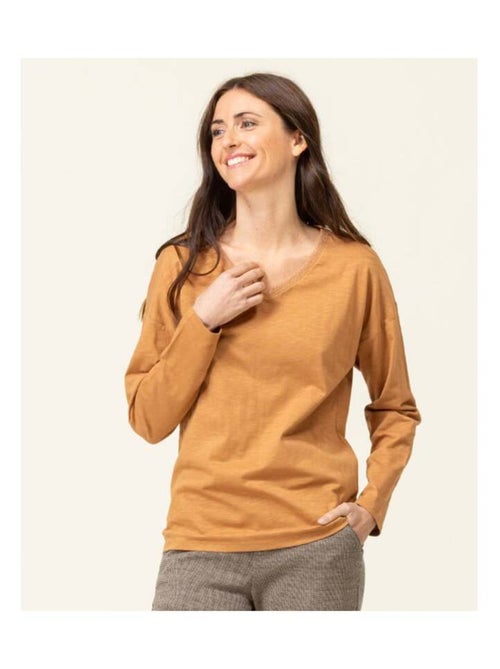T-shirt camel Femme manches longues col V - Kiabi