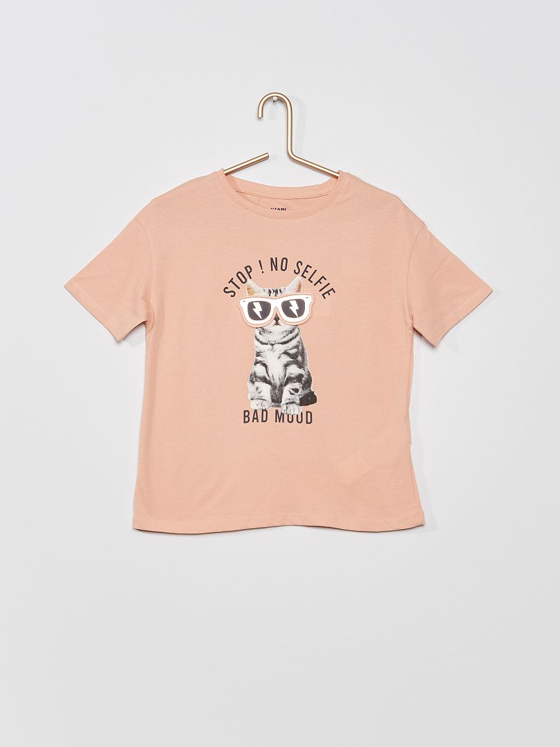 T-shirt 'chat' à col rond Rose - Kiabi
