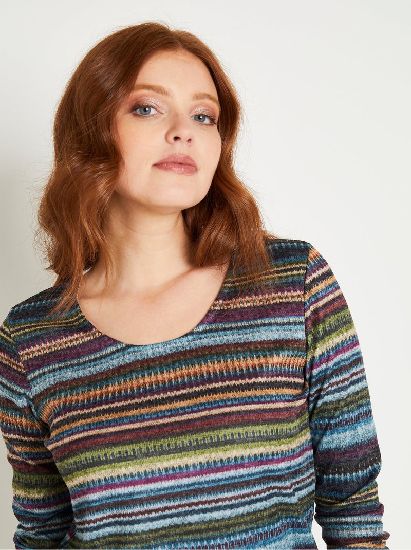 T-shirt chaud rayé col rond manches longues Bleu Violet clair - Kiabi