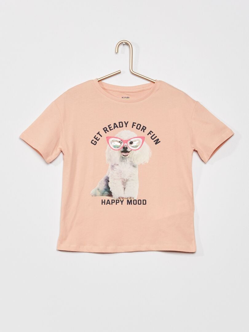 T-shirt 'chien' à col rond Rose 'chien' - Kiabi