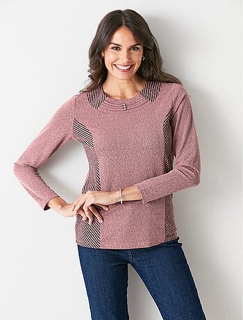 T-shirt chiné rayé col fantaisie