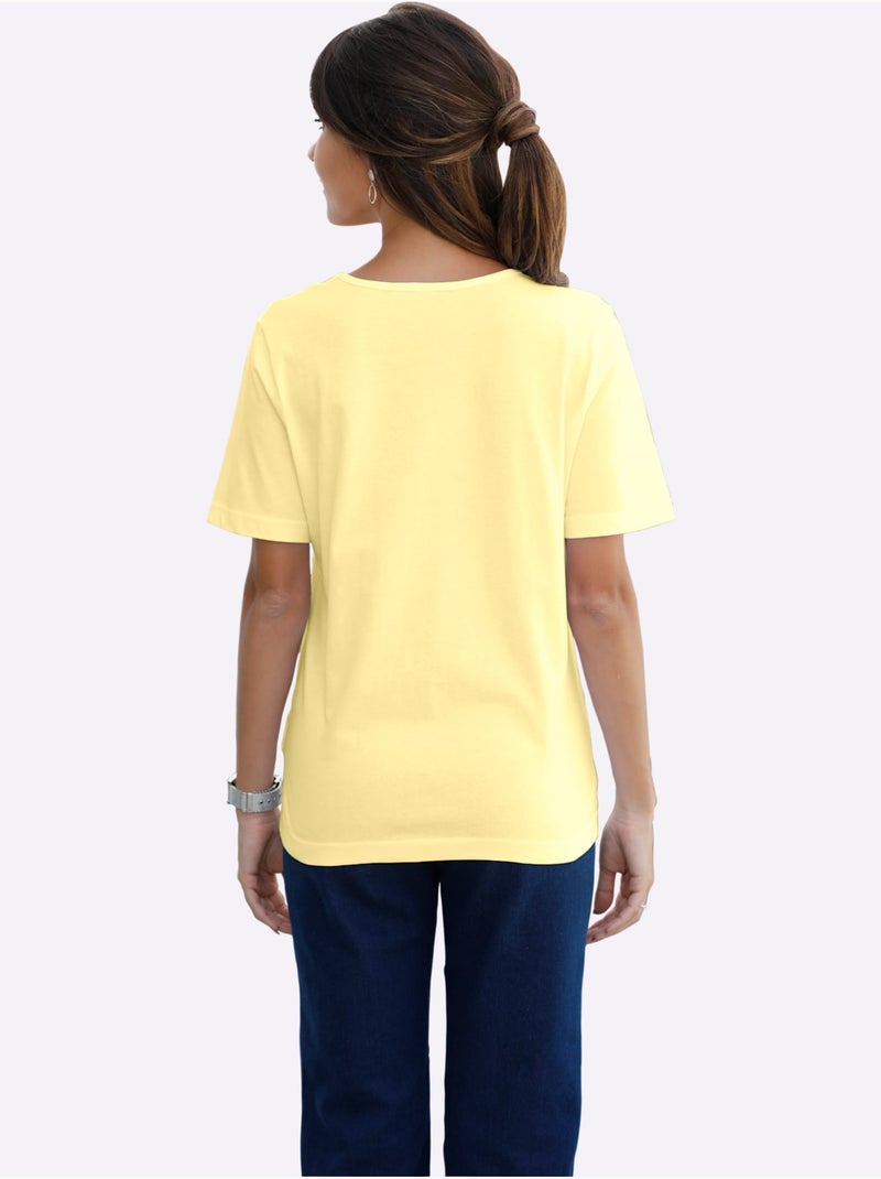 T-shirt classique à col V avec manches courtes en coton - Taille standard - Moda Vilona Jaune - Kiabi