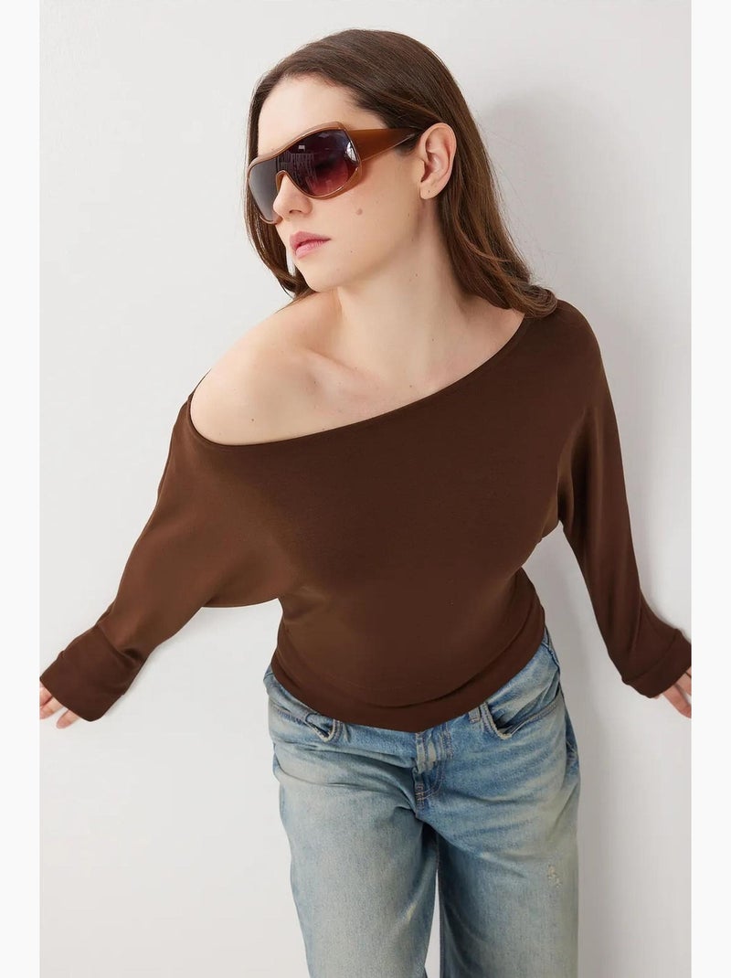 T-shirt col asymétrique coupe ample manches longues istanbul Marron chocolat - Kiabi