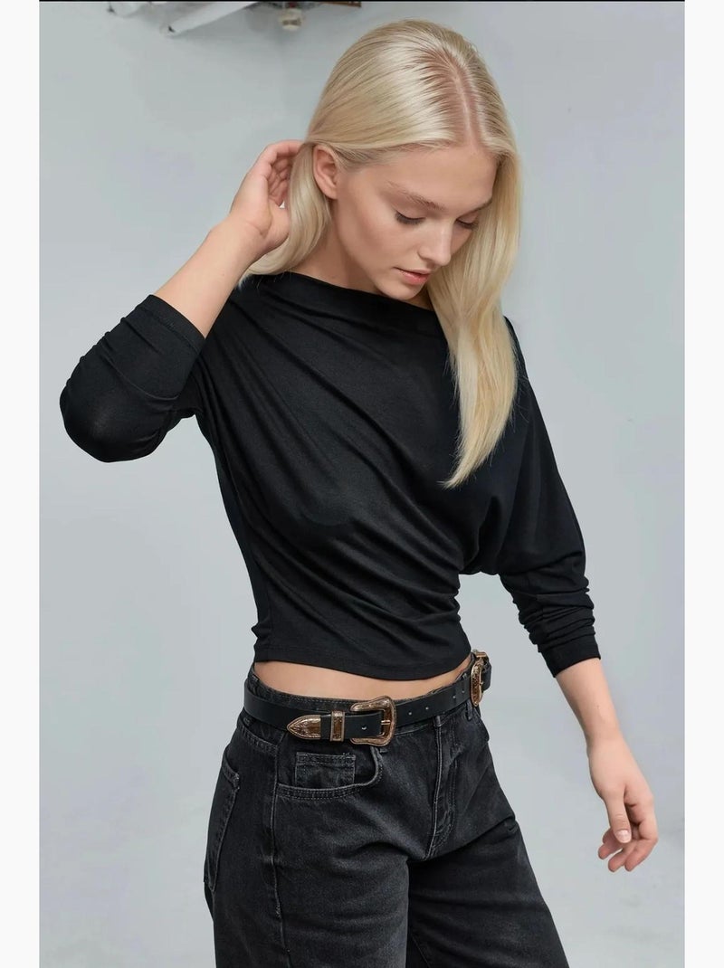 T-shirt col asymétrique maille extensible manches longues hiccup Noir - Kiabi