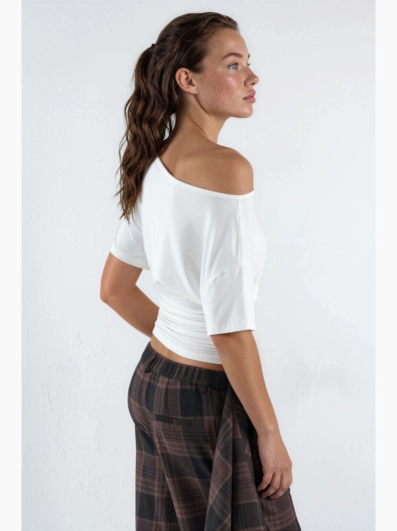 T-shirt col asymétrique maille viscose douce manches courtes hiccup Blanc cassé - Kiabi