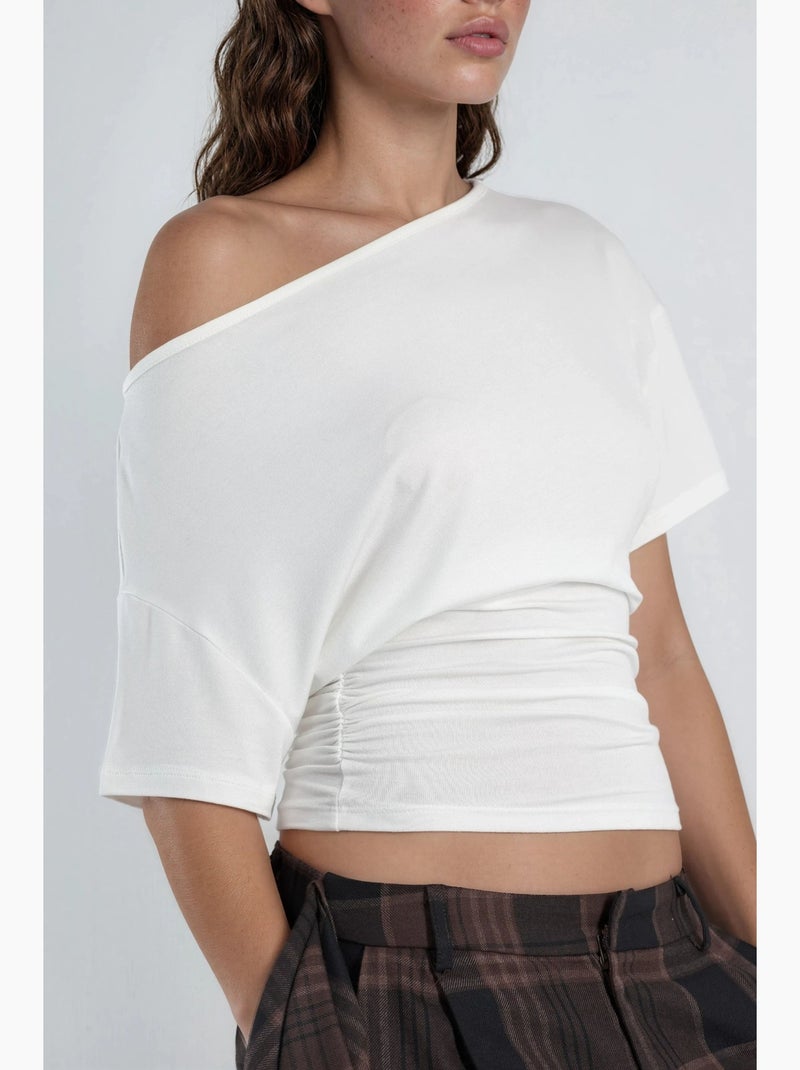 T-shirt col asymétrique maille viscose douce manches courtes hiccup Blanc cassé - Kiabi