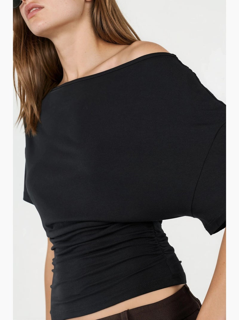 T-shirt col asymétrique maille viscose douce manches courtes hiccup Noir - Kiabi