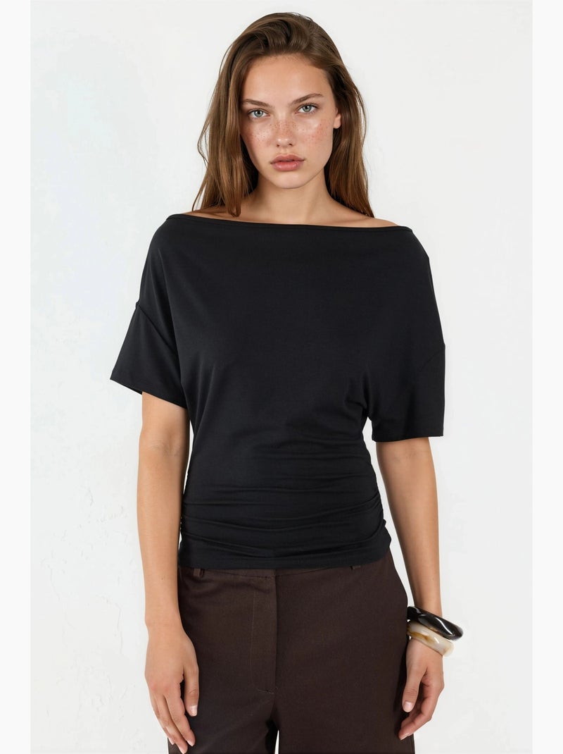 T-shirt col asymétrique maille viscose douce manches courtes hiccup Noir - Kiabi