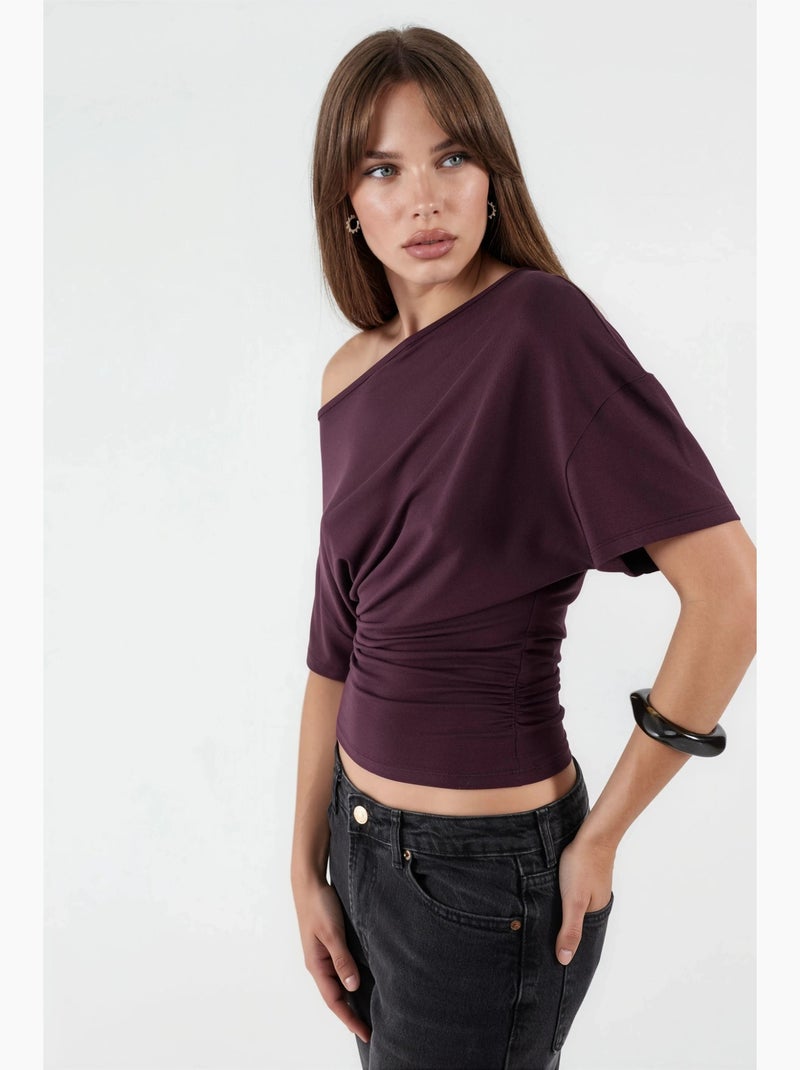 T-shirt col asymétrique maille viscose douce manches courtes hiccup Rouge bordeaux - Kiabi