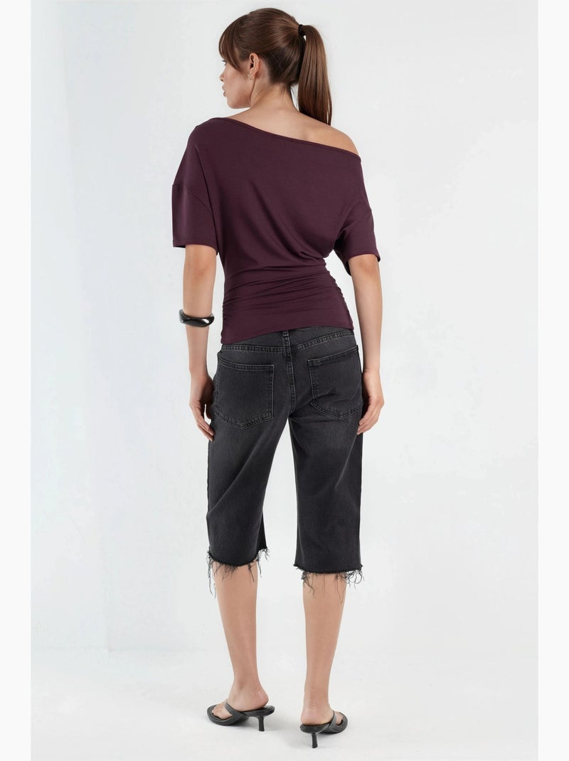 T-shirt col asymétrique maille viscose douce manches courtes hiccup Rouge bordeaux - Kiabi