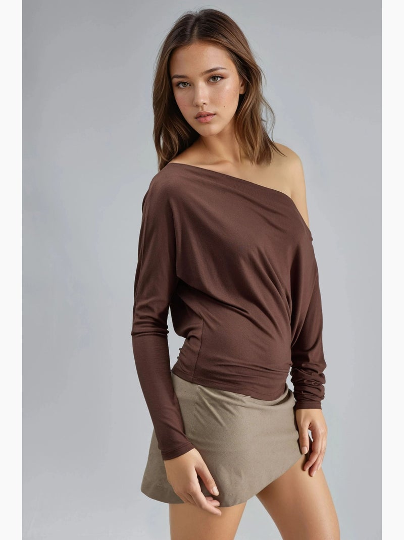 T-shirt col bateau drapé manches longues busem Marron clair - Kiabi