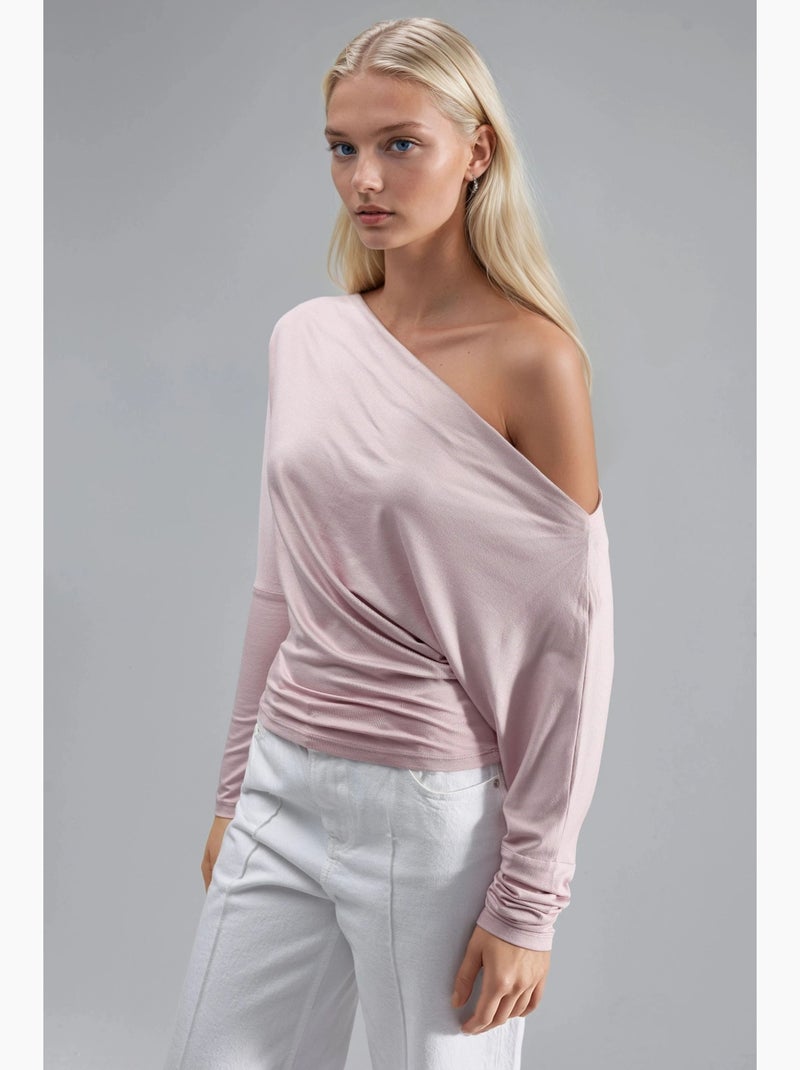T-shirt col bateau drapé manches longues busem Rose dragée - Kiabi