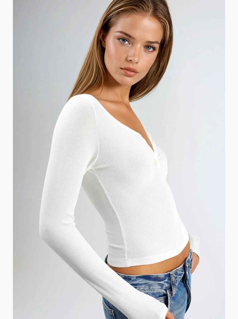 T-shirt col boutonné élastique manches longues busem Blanc - Kiabi
