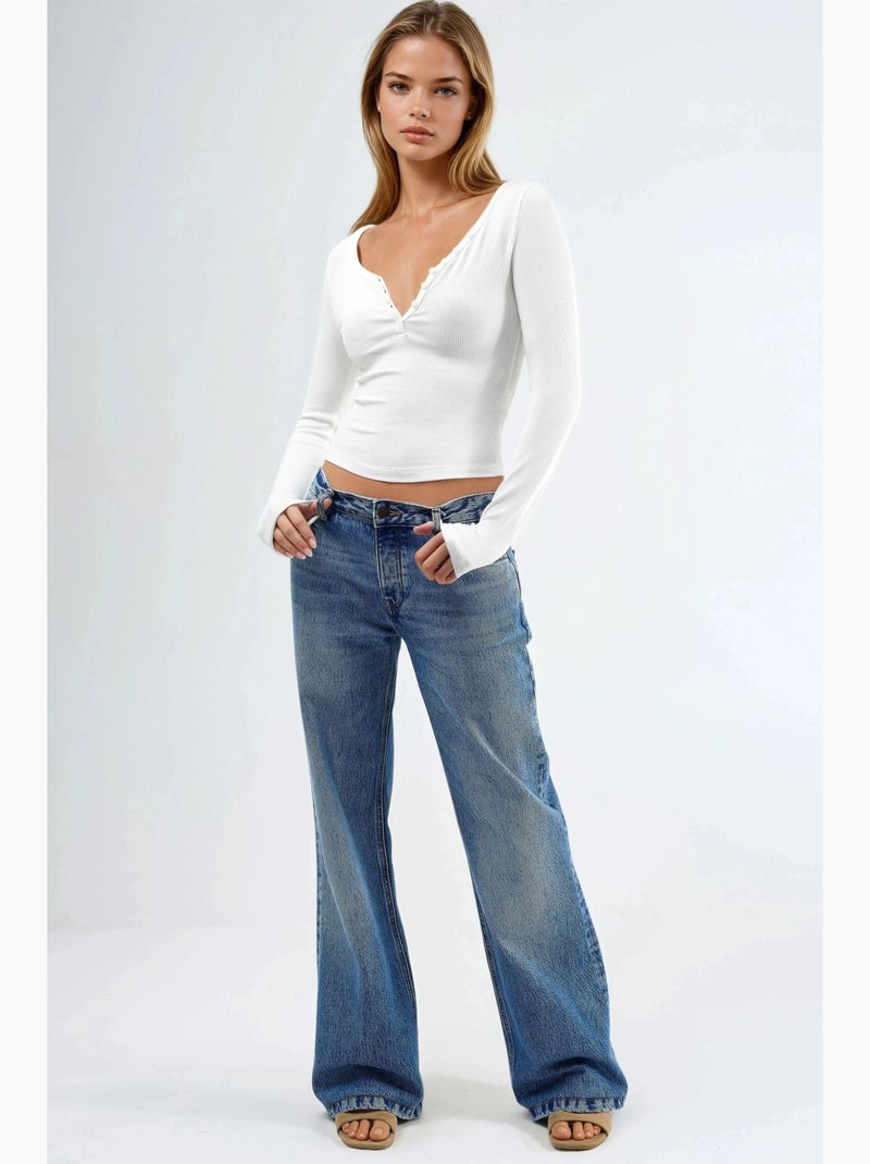 T-shirt col boutonné élastique manches longues busem Blanc - Kiabi
