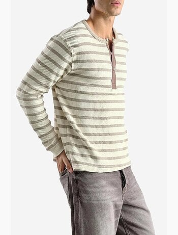 T-shirt col boutonné manches longues rayé giesto