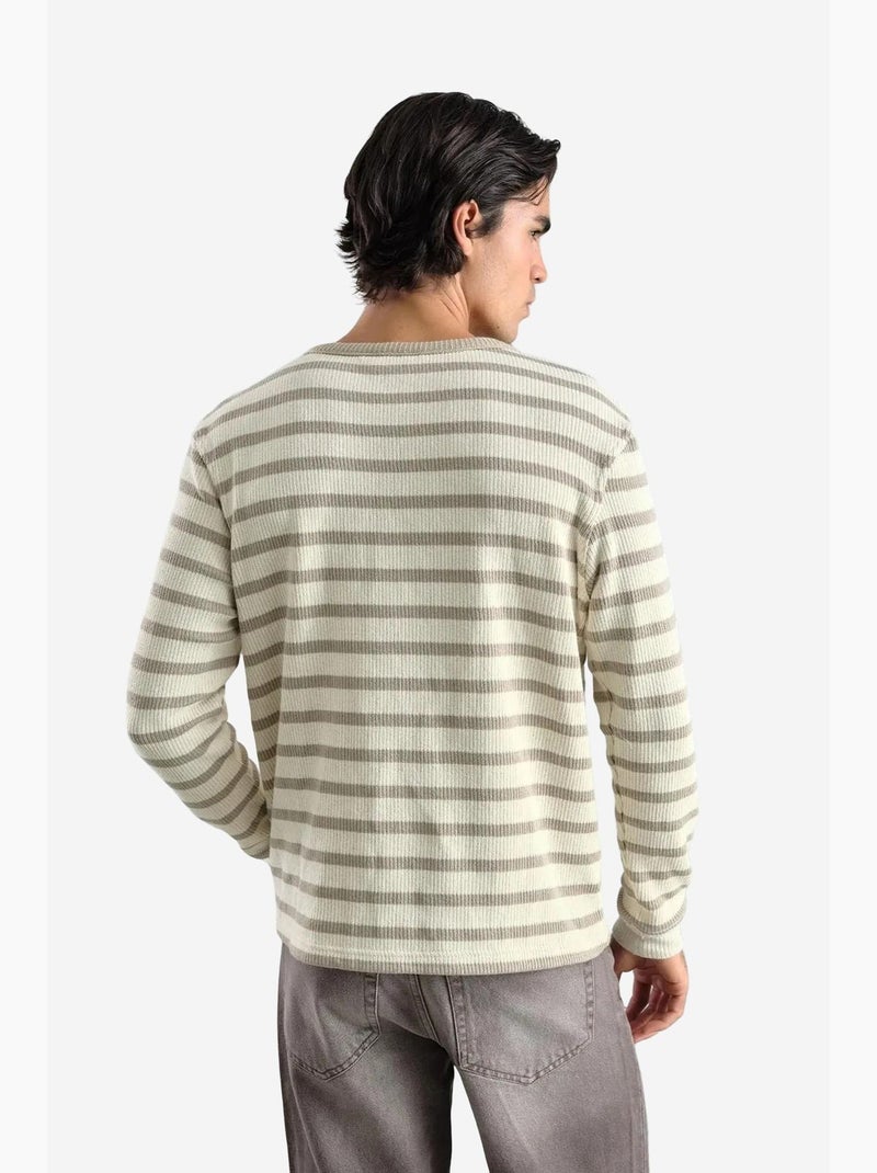 T-shirt col boutonné manches longues rayé giesto Beige argile - Kiabi