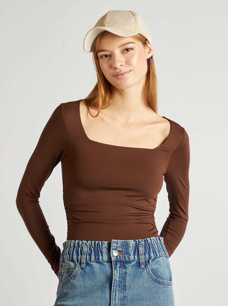 T-shirt col carré marron - Kiabi