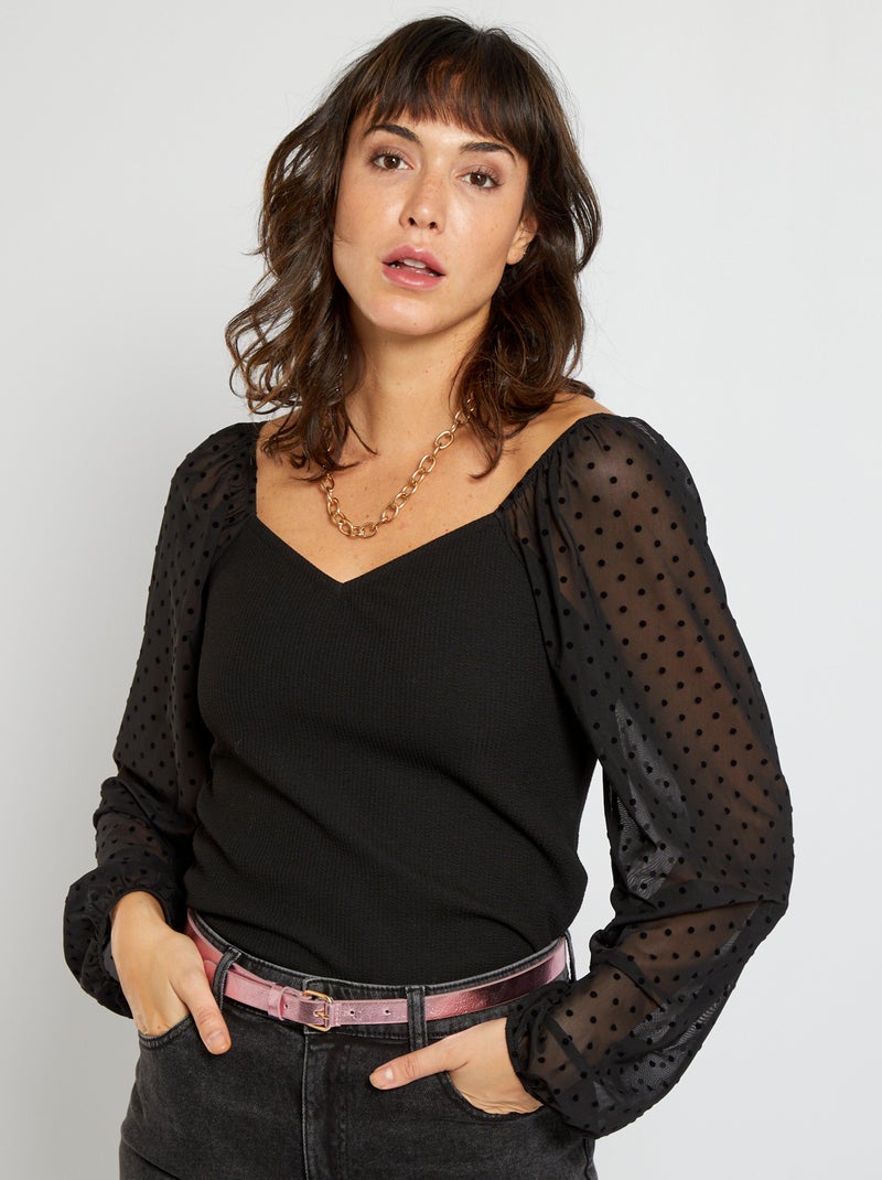 T-shirt col carré noir - Kiabi