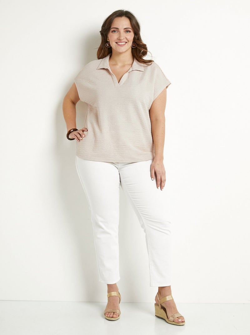 T-shirt col chemise uni manches courtes Beige sable - Kiabi