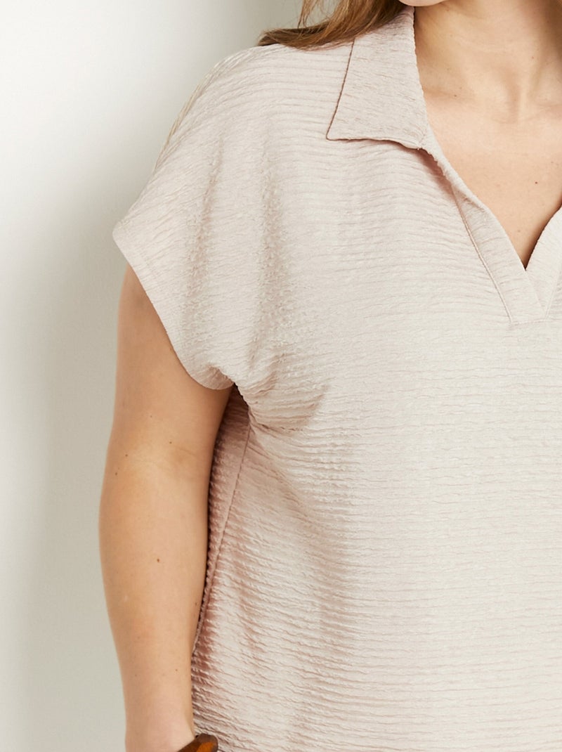 T-shirt col chemise uni manches courtes Beige sable - Kiabi
