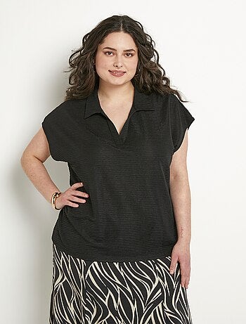 T-shirt col chemise uni manches courtes