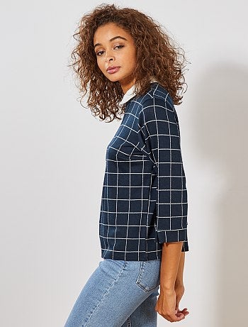 T-shirt col claudine à carreaux - Kiabi