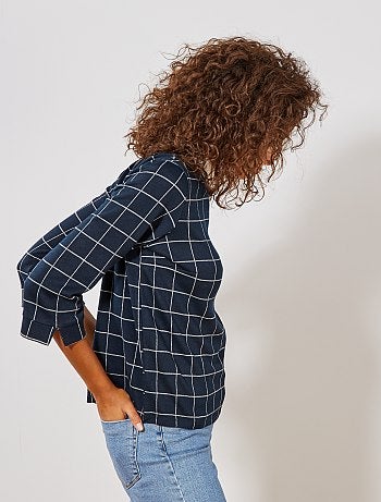 T-shirt col claudine à carreaux - Kiabi