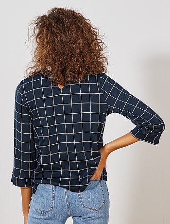 T-shirt col claudine à carreaux - Kiabi