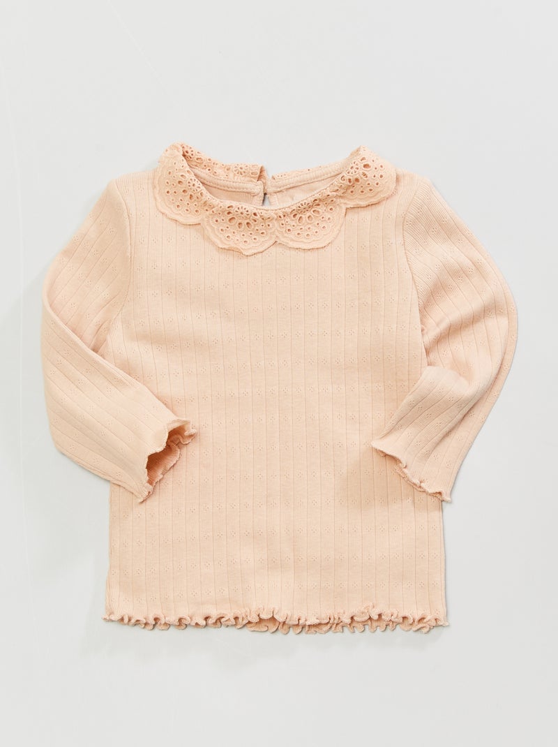 T-shirt col claudine en broderies anglaises Beige - Kiabi