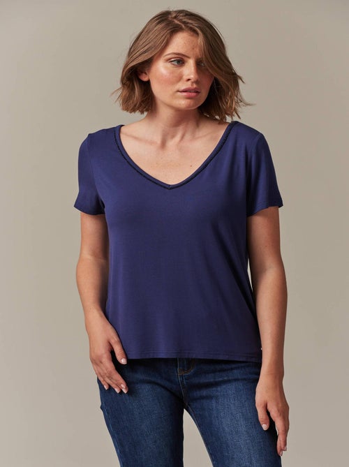 T-shirt col en V avec liseré brillant  'Deeluxe' - Kiabi