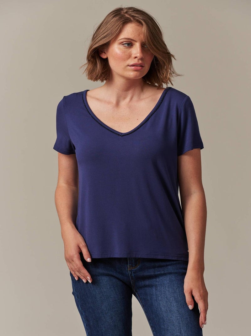 T-shirt col en V avec liseré brillant  'Deeluxe' Bleu - Kiabi