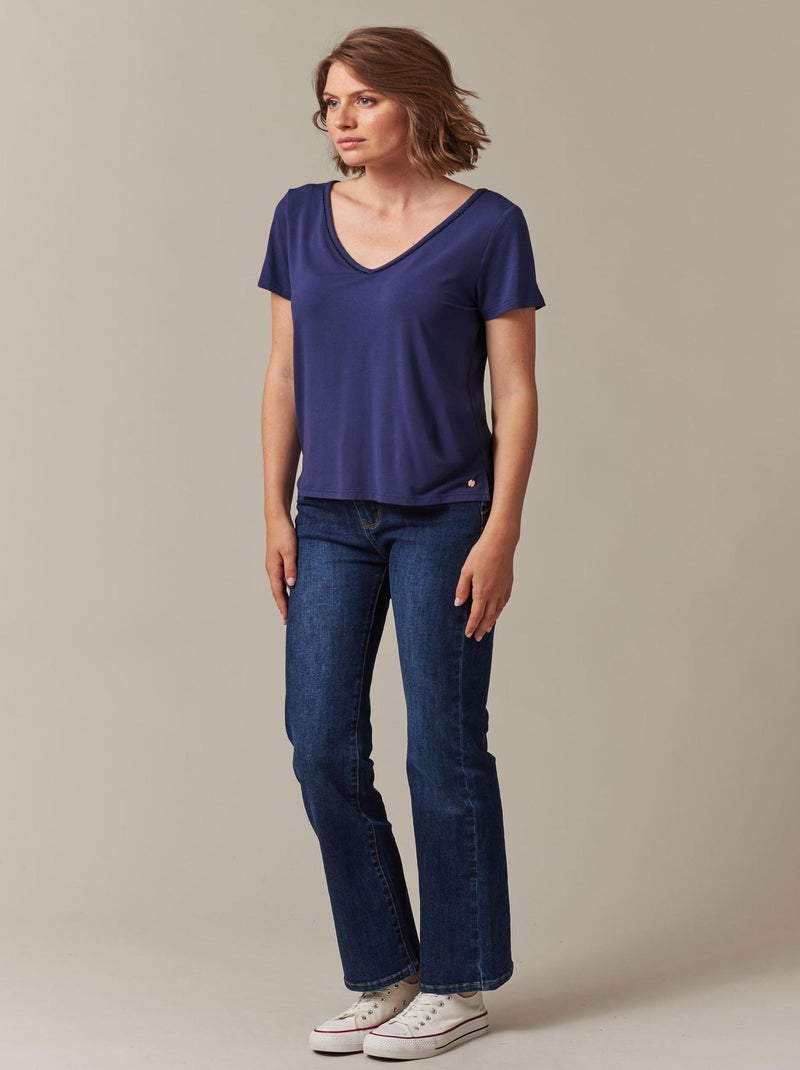 T-shirt col en V avec liseré brillant pour femme 'Deeluxe' Bleu - Kiabi