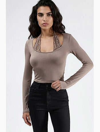 T-shirt col licou dentelle viscose stretch manches longues hiccup