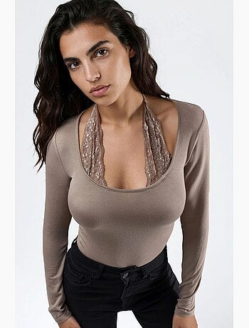 T-shirt col licou dentelle viscose stretch manches longues hiccup