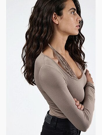 T-shirt col licou dentelle viscose stretch manches longues hiccup