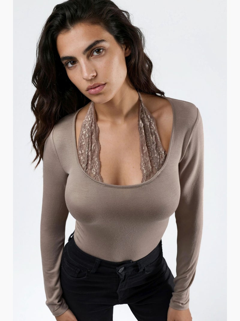T-shirt col licou dentelle viscose stretch manches longues hiccup Beige - Kiabi