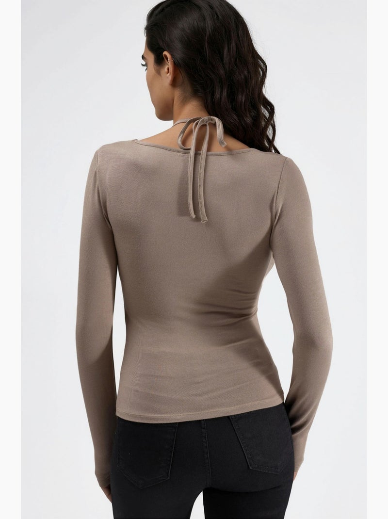 T-shirt col licou dentelle viscose stretch manches longues hiccup Beige - Kiabi