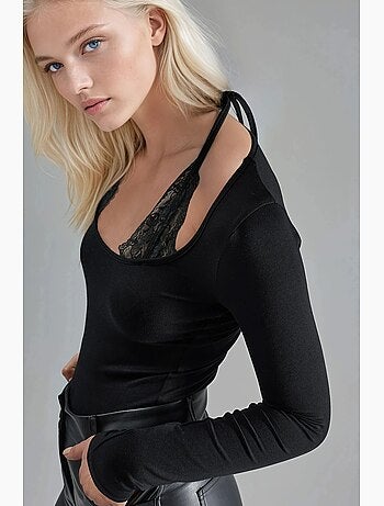 T-shirt col licou dentelle viscose stretch manches longues hiccup
