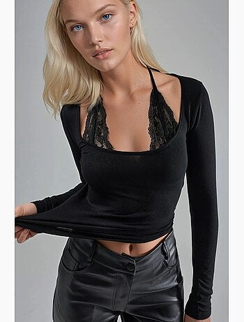 T-shirt col licou dentelle viscose stretch manches longues hiccup