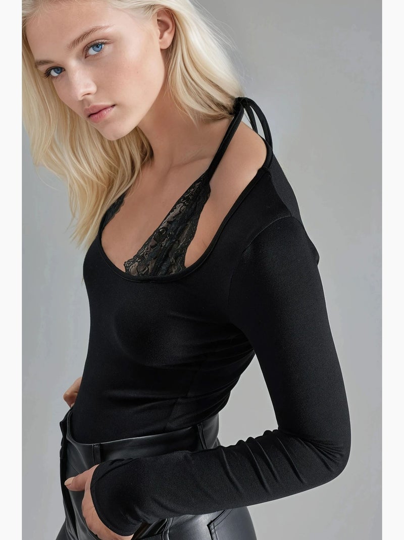 T-shirt col licou dentelle viscose stretch manches longues hiccup Noir - Kiabi