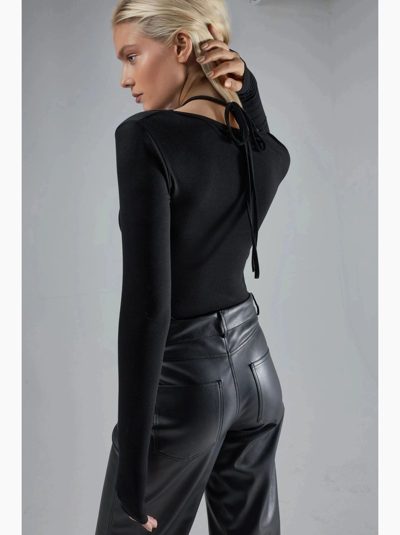 T-shirt col licou dentelle viscose stretch manches longues hiccup Noir - Kiabi