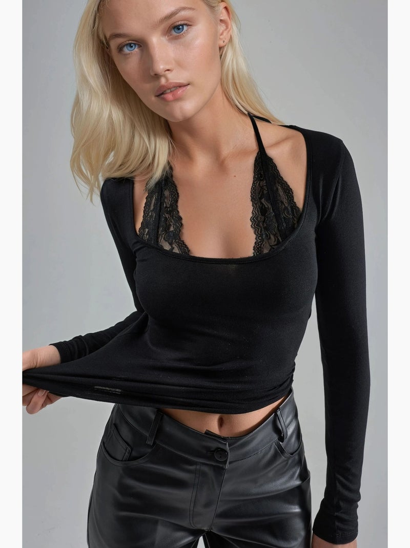 T-shirt col licou dentelle viscose stretch manches longues hiccup Noir - Kiabi