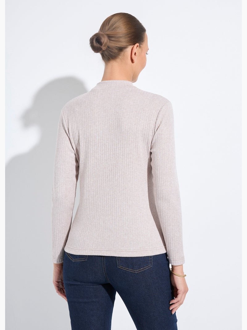T-shirt col montant maille côtelée manches longues Beige - Kiabi