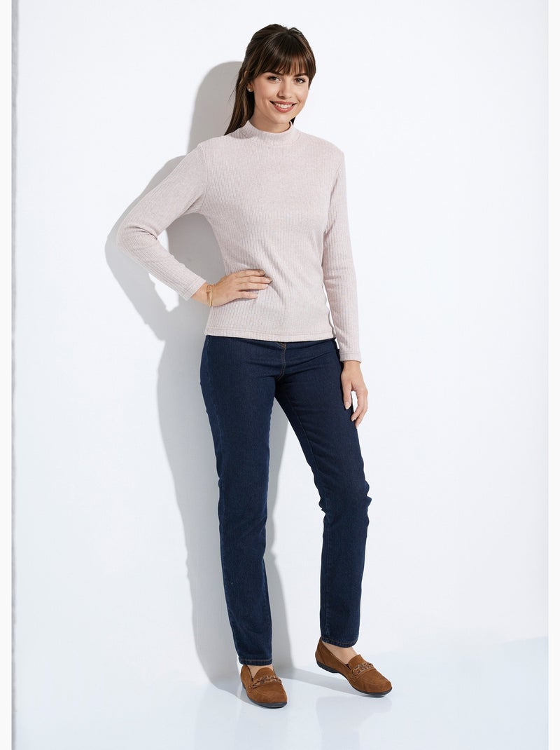 T-shirt col montant maille côtelée manches longues Beige - Kiabi