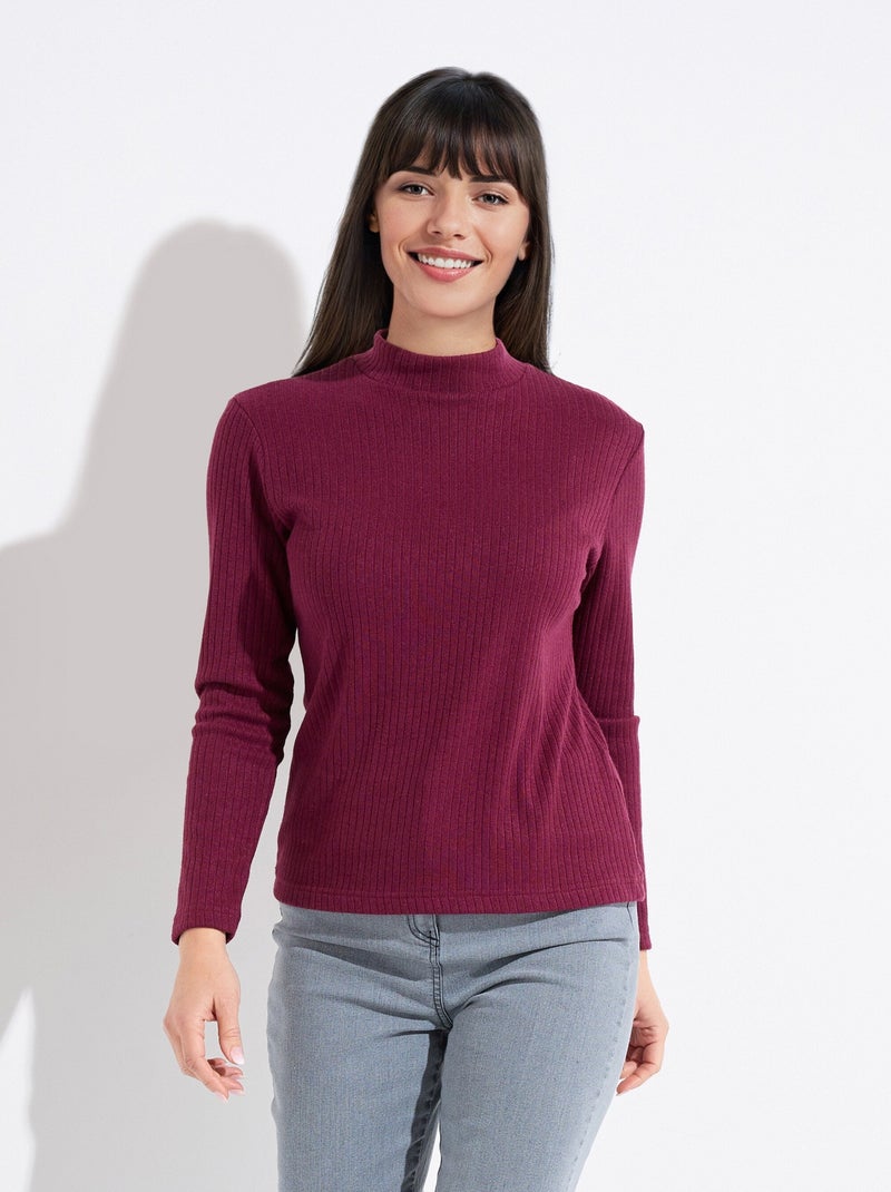 T-shirt col montant maille côtelée manches longues Bordeaux - Kiabi