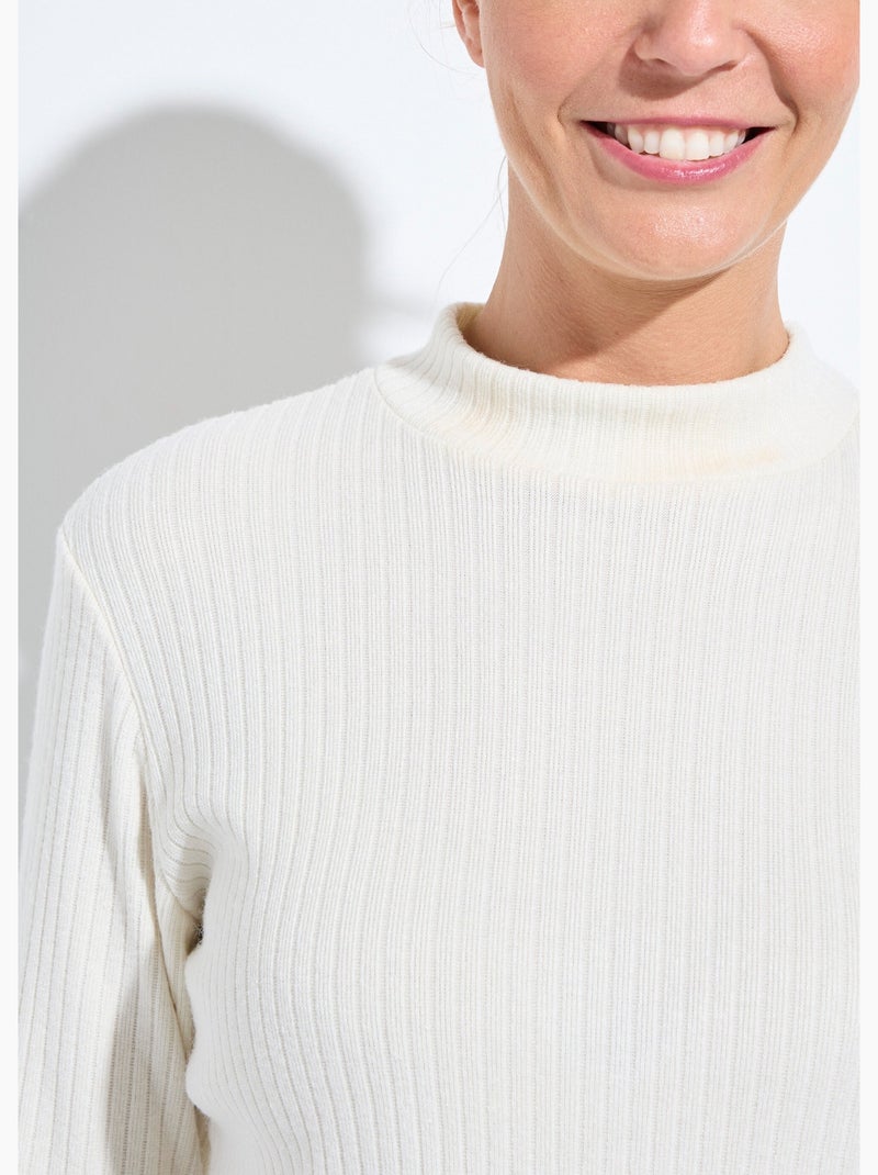 T-shirt col montant maille côtelée manches longues Ecru - Kiabi