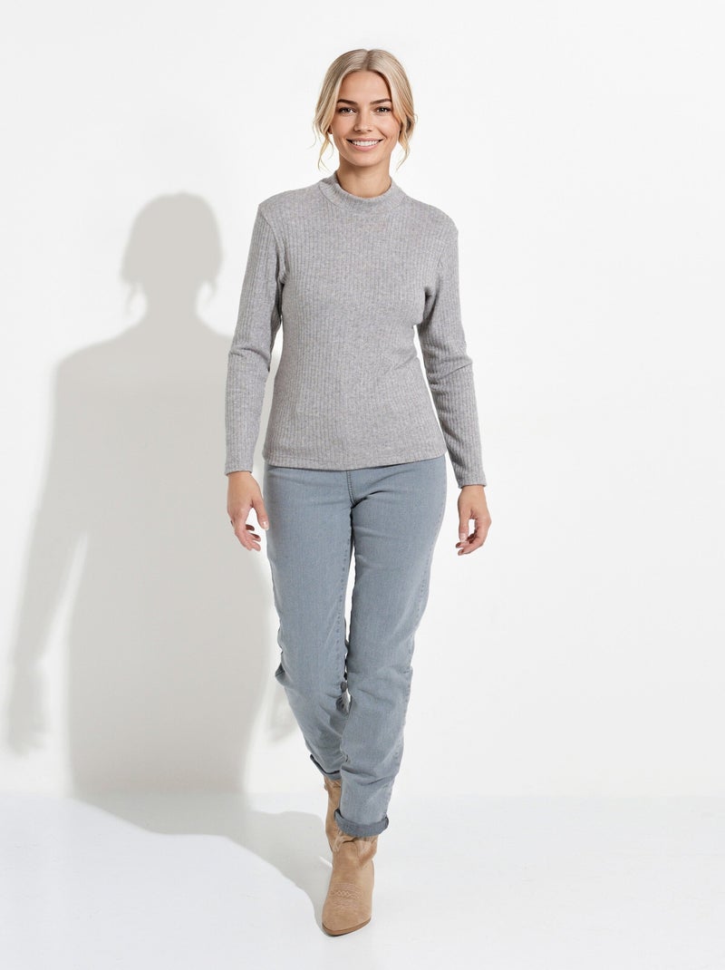 T-shirt col montant maille côtelée manches longues Gris chiné - Kiabi